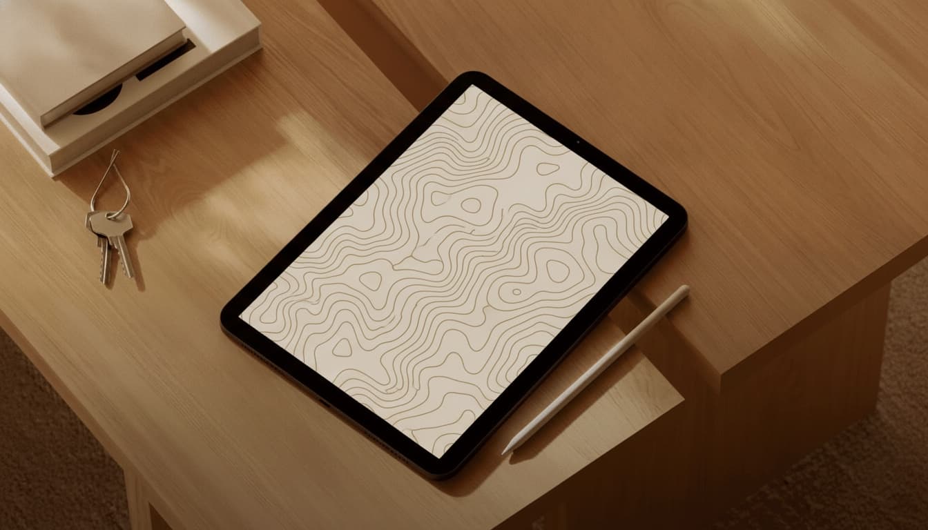 A black tablet with flowing contour lines on a sunlit oak desk