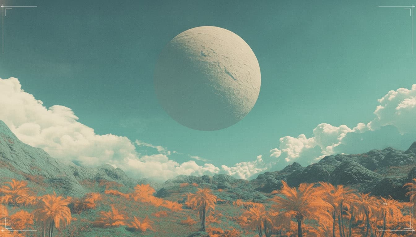 A mineral moon floating above a turquoise and orange alien valley