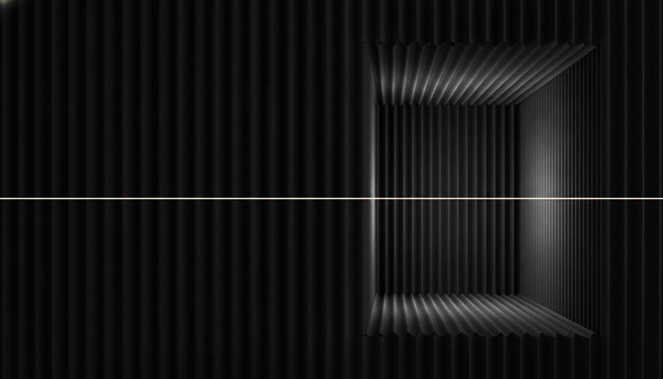 Black architectural folds opening into a silver-lit chamber