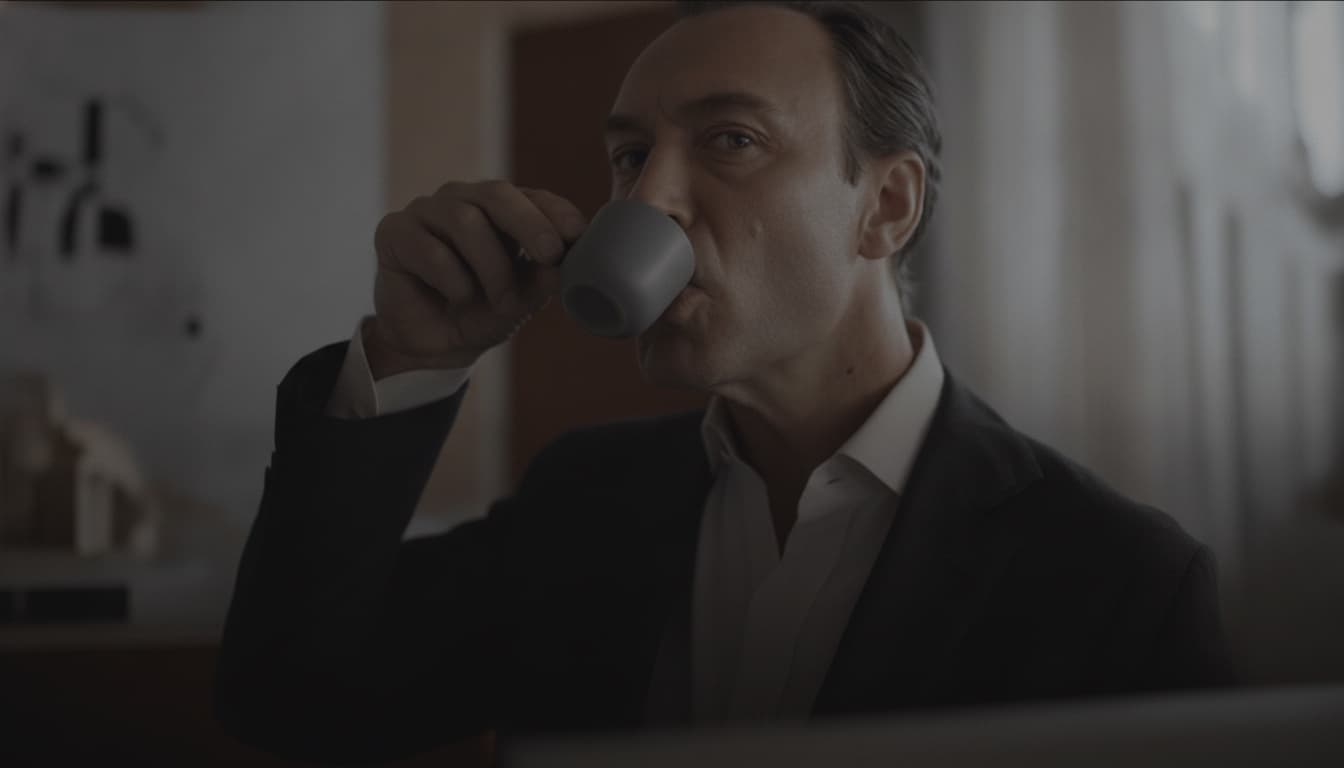An architect drinking espresso in a softly lit studio