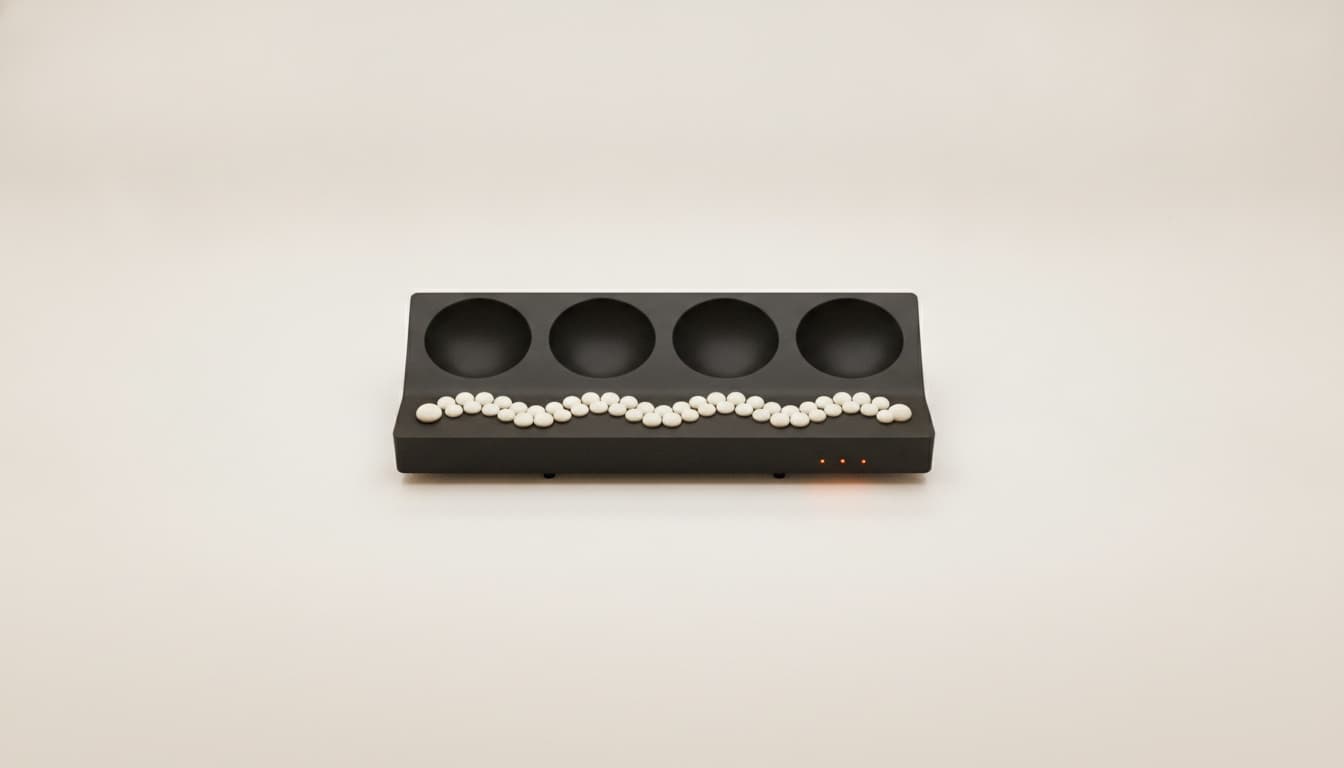 A black acoustic sculpture with ivory ceramic pebbles