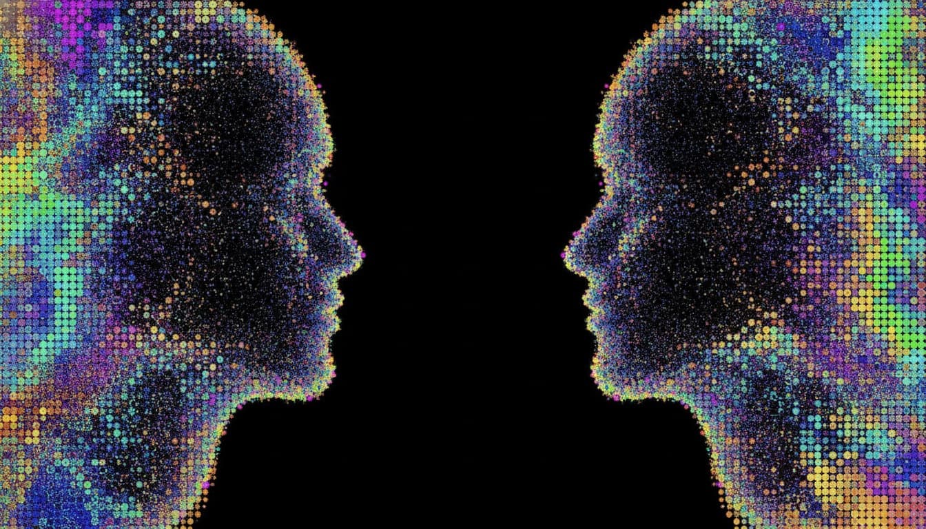 Two luminous particle profiles facing across a black field