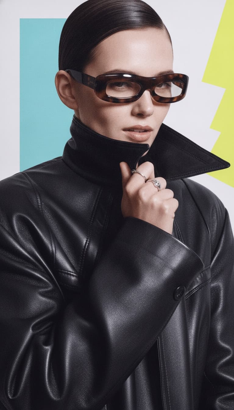 A fashion portrait in sculptural amber glasses and a black leather coat