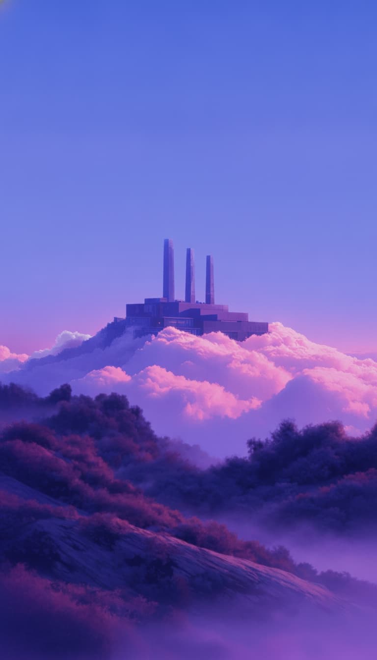 A three-chimney creative laboratory rising from violet clouds