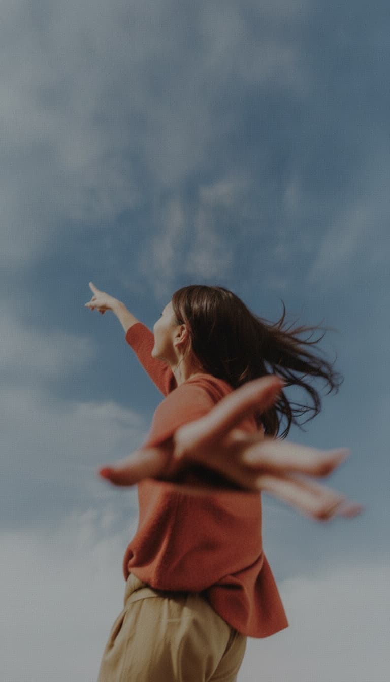 A dancer in a rust sweater turning beneath a blue sky
