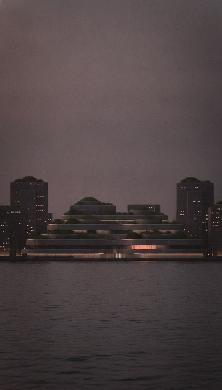 A fictional terraced coastal district at dusk