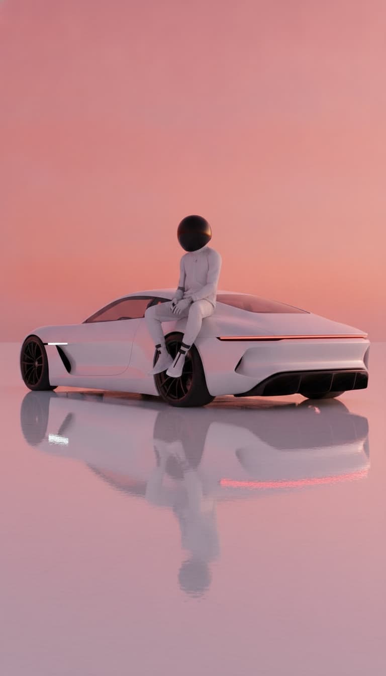 A helmeted designer sitting on a white electric prototype